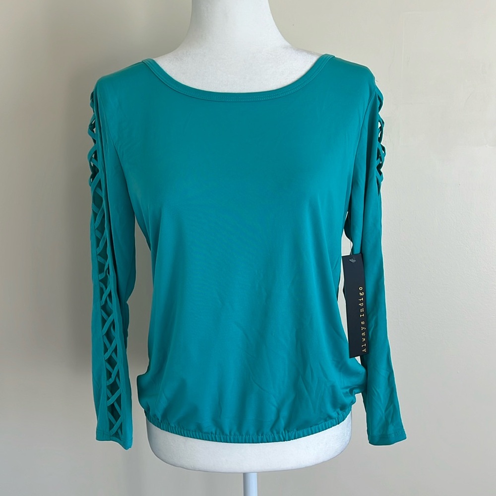 NWT, Medium Always Indigo Women's Lattice-Sleeve Blouse. Turquoise